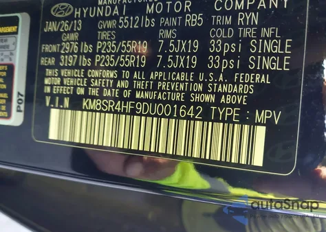 2013 Hyundai Santa Fe Limited из США, поврежденный, VIN KM8SR4HF9DU001642